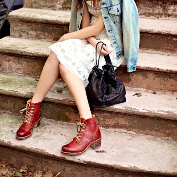 $528 Frye Sabrina Moto Oxblood Burgundy Red Lace Up Leather Combat Ankle Boot - Picture 4 of 16